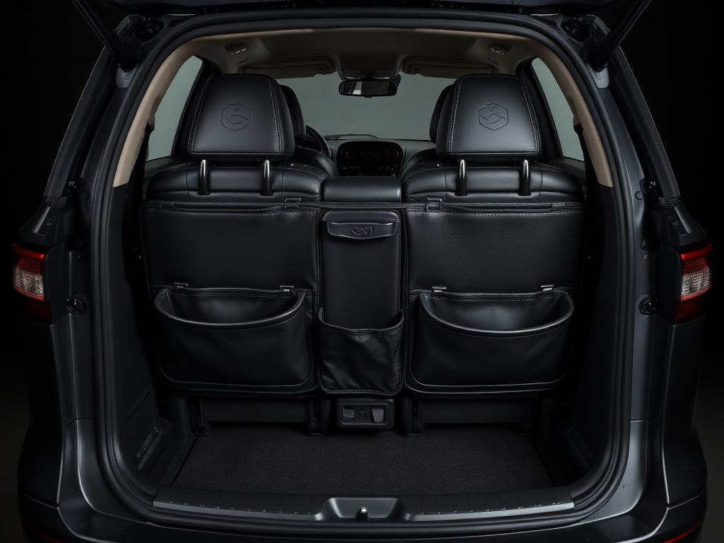 Leather boot organiser and seat-back storage caddy in a car