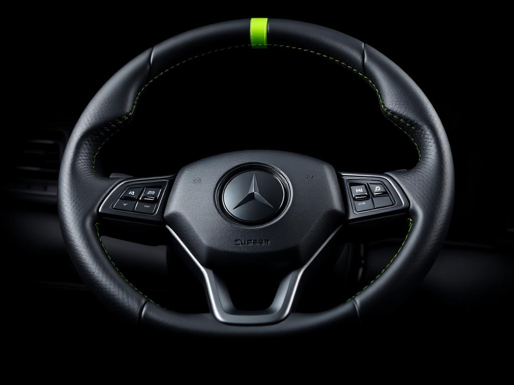 Black leather custom steering wheel cover with green stitching