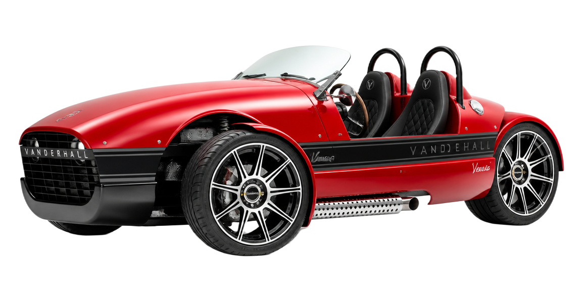Red Vanderhall three-wheel roadster